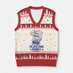 Rejecting Kings Since 1776 V-Neck Knit Sweater Vest Vintage Patriotic Ship 4th Of July Fireworks TS02 Beige Red Print Your Wear