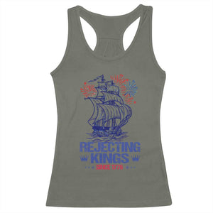 Rejecting Kings Since 1776 Racerback Tank Top Vintage Patriotic Ship 4th Of July Fireworks TS02 Military Green Print Your Wear