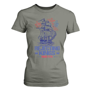 Rejecting Kings Since 1776 T Shirt For Women Vintage Patriotic Ship 4th Of July Fireworks TS02 Military Green Print Your Wear