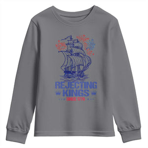 Rejecting Kings Since 1776 Youth Sweatshirt Vintage Patriotic Ship 4th Of July Fireworks TS02 Charcoal Print Your Wear