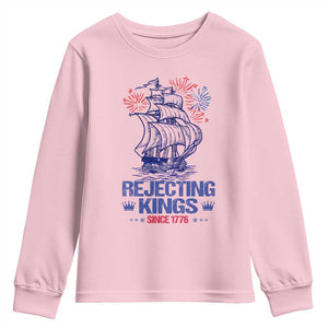 Rejecting Kings Since 1776 Youth Sweatshirt Vintage Patriotic Ship 4th Of July Fireworks TS02 Light Pink Print Your Wear