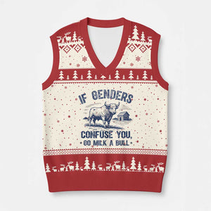 If Genders Confuse You Go Milk a Bull V-Neck Knit Sweater Vest Sarcastic Country Humor TS02 Beige Red Print Your Wear
