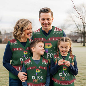 P is for Pride V-Neck Knit Sweater Vest Funny Rainbow Alphabet Celebrating LGBTQ+ Identity TS02 Red Green Print Your Wear