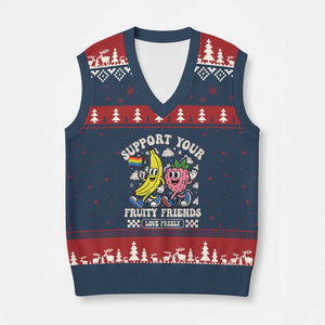 Support Your Fruity Friends V-Neck Knit Sweater Vest Retro Cute Banana and Berry LGBT Pride Support TS02 Navy Red Print Your Wear