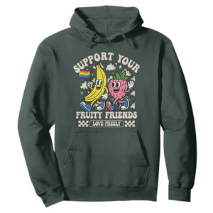 Support Your Fruity Friends Hoodie Retro Cute Banana and Berry LGBT Pride Support TS02 Dark Forest Green Print Your Wear