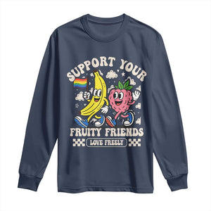 Support Your Fruity Friends Long Sleeve Shirt Retro Cute Banana and Berry LGBT Pride Support TS02 Navy Print Your Wear