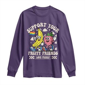 Support Your Fruity Friends Long Sleeve Shirt Retro Cute Banana and Berry LGBT Pride Support TS02 Purple Print Your Wear