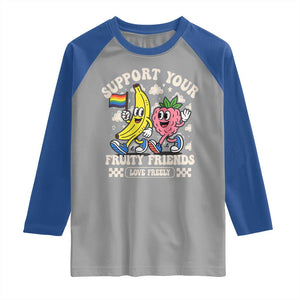 Support Your Fruity Friends Raglan Shirt Retro Cute Banana and Berry LGBT Pride Support TS02 Sport Gray Royal Print Your Wear