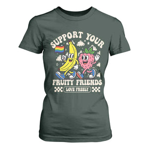 Support Your Fruity Friends T Shirt For Women Retro Cute Banana and Berry LGBT Pride Support TS02 Dark Forest Green Print Your Wear