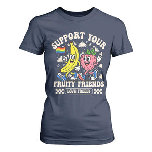 Support Your Fruity Friends T Shirt For Women Retro Cute Banana and Berry LGBT Pride Support TS02 Navy Print Your Wear