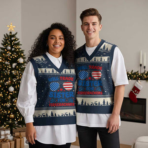 Will Trade Sister for Firecrackers V-Neck Knit Sweater Vest Funny 4th of July Patriotic Humor TS02 Navy Beige Print Your Wear