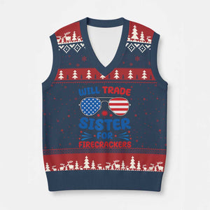 Will Trade Sister for Firecrackers V-Neck Knit Sweater Vest Funny 4th of July Patriotic Humor TS02 Navy Red Print Your Wear