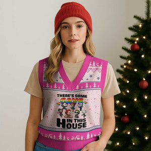 There's Some Gays in This House V-Neck Knit Sweater Vest Funny LGBTQ+ Horror Character Pride Mashup TS02 Hot Pink Print Your Wear