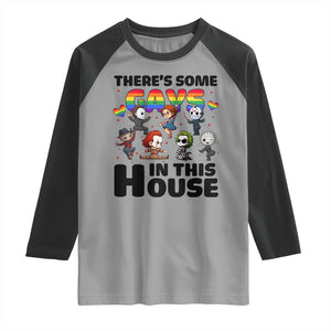 There's Some Gays in This House Raglan Shirt Funny LGBTQ+ Horror Character Pride Mashup TS02 Sport Gray Black Print Your Wear