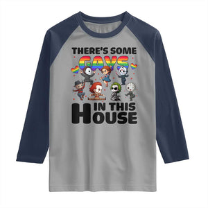 There's Some Gays in This House Raglan Shirt Funny LGBTQ+ Horror Character Pride Mashup TS02 Sport Gray Navy Print Your Wear