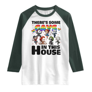 There's Some Gays in This House Raglan Shirt Funny LGBTQ+ Horror Character Pride Mashup TS02 White Dark Forest Green Print Your Wear