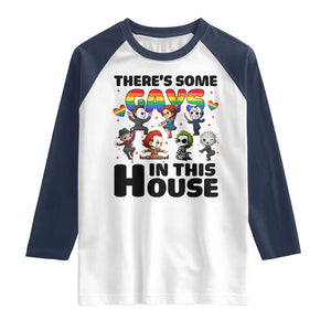 There's Some Gays in This House Raglan Shirt Funny LGBTQ+ Horror Character Pride Mashup TS02 White Navy Print Your Wear