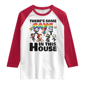 There's Some Gays in This House Raglan Shirt Funny LGBTQ+ Horror Character Pride Mashup TS02 White Red Print Your Wear