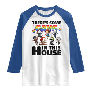 There's Some Gays in This House Raglan Shirt Funny LGBTQ+ Horror Character Pride Mashup TS02 White Royal Print Your Wear