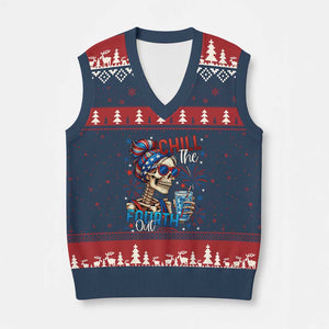 Chill the Fourth Out Skeleton V-Neck Knit Sweater Vest Funny Patriotic 4th of July Fireworks Party TS02 Navy Red Print Your Wear