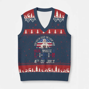 Red White and Livin Happy 4th of July Patriotic V-Neck Knit Sweater Vest Funny Retro Movie Quote You Gotta Keep On Living Man TS02 Navy Red Print Your Wear