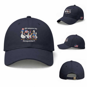 Funny Patriotic Duck Family 4th of July Fireworks Baseball Cap Did Someone Say Firequacker Word Pun Cute Graphic