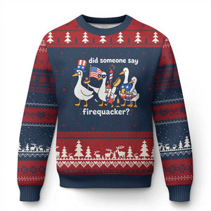 Funny Patriotic Duck Family 4th of July Fireworks Ugly Christmas Sweater Did Someone Say Firequacker Word Pun Cute Graphic