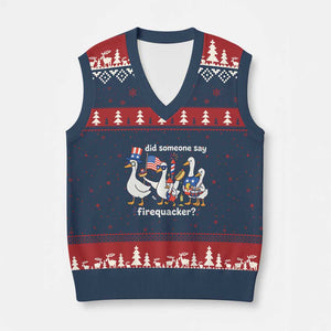 Funny Patriotic Duck Family 4th of July Fireworks V-Neck Knit Sweater Vest Did Someone Say Firequacker Word Pun Cute Graphic