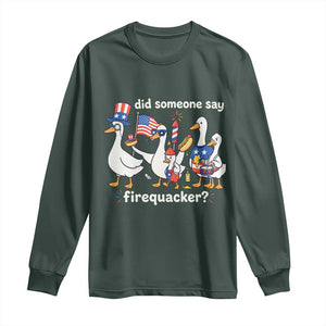 Funny Patriotic Duck Family 4th of July Fireworks Long Sleeve Shirt Did Someone Say Firequacker Word Pun Cute Graphic