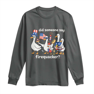 Funny Patriotic Duck Family 4th of July Fireworks Long Sleeve Shirt Did Someone Say Firequacker Word Pun Cute Graphic