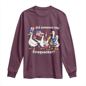 Funny Patriotic Duck Family 4th of July Fireworks Long Sleeve Shirt Did Someone Say Firequacker Word Pun Cute Graphic