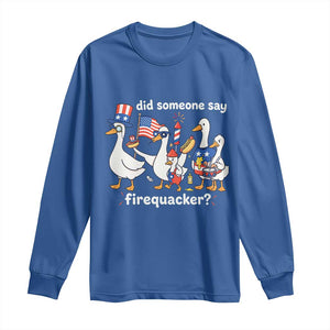 Funny Patriotic Duck Family 4th of July Fireworks Long Sleeve Shirt Did Someone Say Firequacker Word Pun Cute Graphic