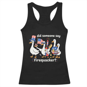 Funny Patriotic Duck Family 4th of July Fireworks Racerback Tank Top Did Someone Say Firequacker Word Pun Cute Graphic