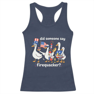 Funny Patriotic Duck Family 4th of July Fireworks Racerback Tank Top Did Someone Say Firequacker Word Pun Cute Graphic