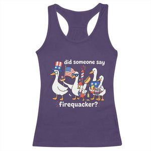 Funny Patriotic Duck Family 4th of July Fireworks Racerback Tank Top Did Someone Say Firequacker Word Pun Cute Graphic