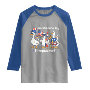 Funny Patriotic Duck Family 4th of July Fireworks Raglan Shirt Did Someone Say Firequacker Word Pun Cute Graphic