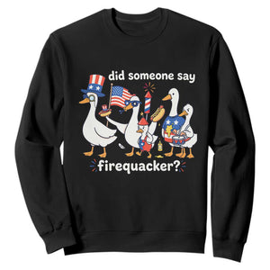 Funny Patriotic Duck Family 4th of July Fireworks Sweatshirt Did Someone Say Firequacker Word Pun Cute Graphic