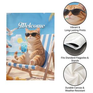 Welcome Beach Lounge Orange Tabby Cat Tropical Vacation Garden Flag