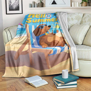 Hello Summer Wiener Dog Dachshund Relaxing on Beach Throw Blanket