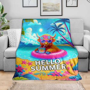 Hello Summer Highland Cow Floating Tropical Beach Throw Blanket Oasis Summer Vibes TS02 Print Your Wear