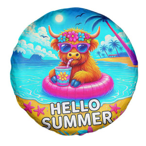 Hello Summer Highland Cow Floating Tropical Beach Spare Tire Cover Oasis Summer Vibes TS02 Print Your Wear