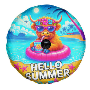 Hello Summer Highland Cow Floating Tropical Beach Spare Tire Cover Oasis Summer Vibes TS02 Print Your Wear