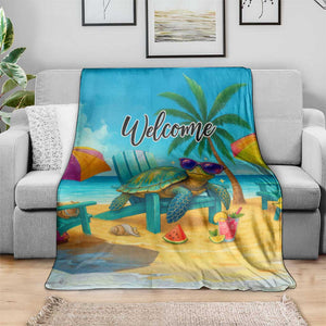 Welcome Beach Sea Turtle Relaxing in Chair Throw Blanket Tropical Oasis Summer Vibes Vacation TS02 Print Your Wear