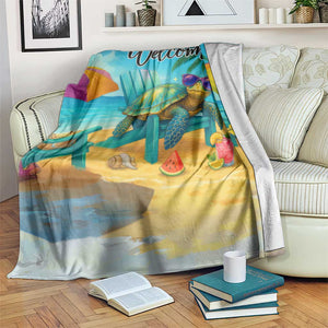 Welcome Beach Sea Turtle Relaxing in Chair Throw Blanket Tropical Oasis Summer Vibes Vacation TS02 Print Your Wear