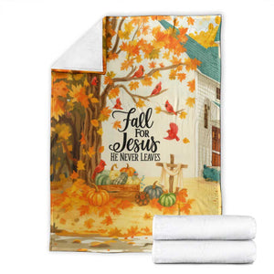 Fall for Jesus He Never Leaves Autumn Church and Pumpkins Throw Blanket TS02 Light Beige Print Your Wear