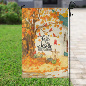 Fall for Jesus He Never Leaves Autumn Church and Pumpkins Garden Flag TS02 Print Your Wear