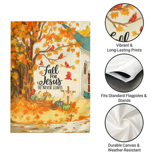 Fall for Jesus He Never Leaves Autumn Church and Pumpkins Garden Flag TS02 Print Your Wear