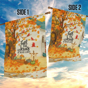 Fall for Jesus He Never Leaves Autumn Church and Pumpkins Garden Flag TS02 Print Your Wear