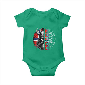 Fierce Norge Viking Warrior with Horned Helmet Graphic Baby Onesie Norway Pride Distressed Norwegian Flag and Runes TS02 Irish Green Print Your Wear