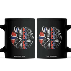 Fierce Norge Viking Warrior with Horned Helmet Graphic Coffee Mug Norway Pride Distressed Norwegian Flag and Runes TS02 Black Print Your Wear